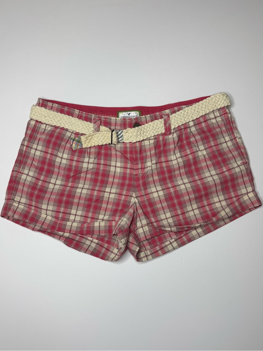 American Eagle Y2K Plaid Shorts Size 4 Pink Low Rise Belted Preppy Shorts